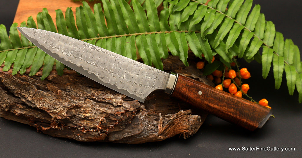 155mm whirlpool damascus patterned petty kitchen knife with Hawaiian koa wood handle by SalterFineCutlery