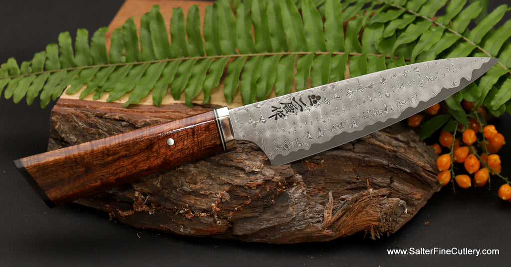 155mm kitchen utility knife handforged with pretty whirlpool damascus pattern and Hawaiian koa wood handle by SalterFineCutlery