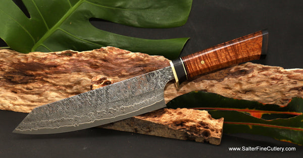 180mm bunka chef knife VillageForge series with extra-decorative handle by SalterFineCutlery luxury handmade kitchen knives