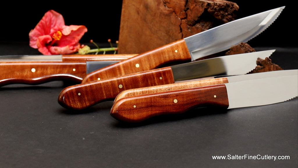 6-piece steakhouse collection handmade steak knives curly Hawaiian koa wood handles SalterFineCutlery