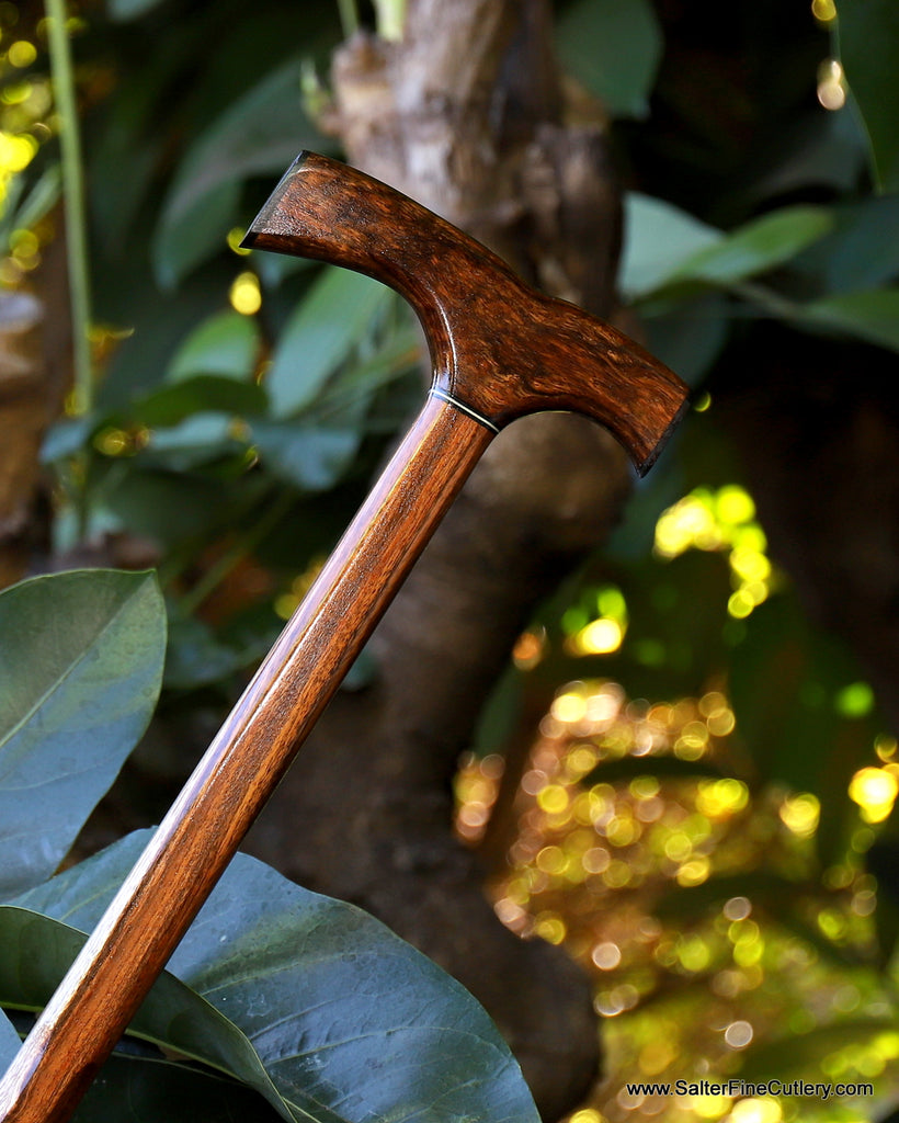 Cane handcrafted with unique curly koa wood handle and contrasting shaft handcrafted in Hawaii by SalterFineCutlery custom woodworking
