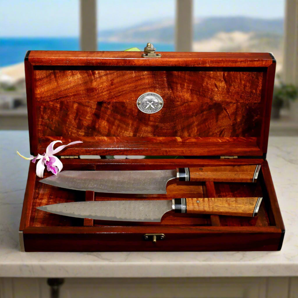 2-pc chef knife set in curly koa wood keepsake box handcrafted in Hawaii by SalterFineCutlery