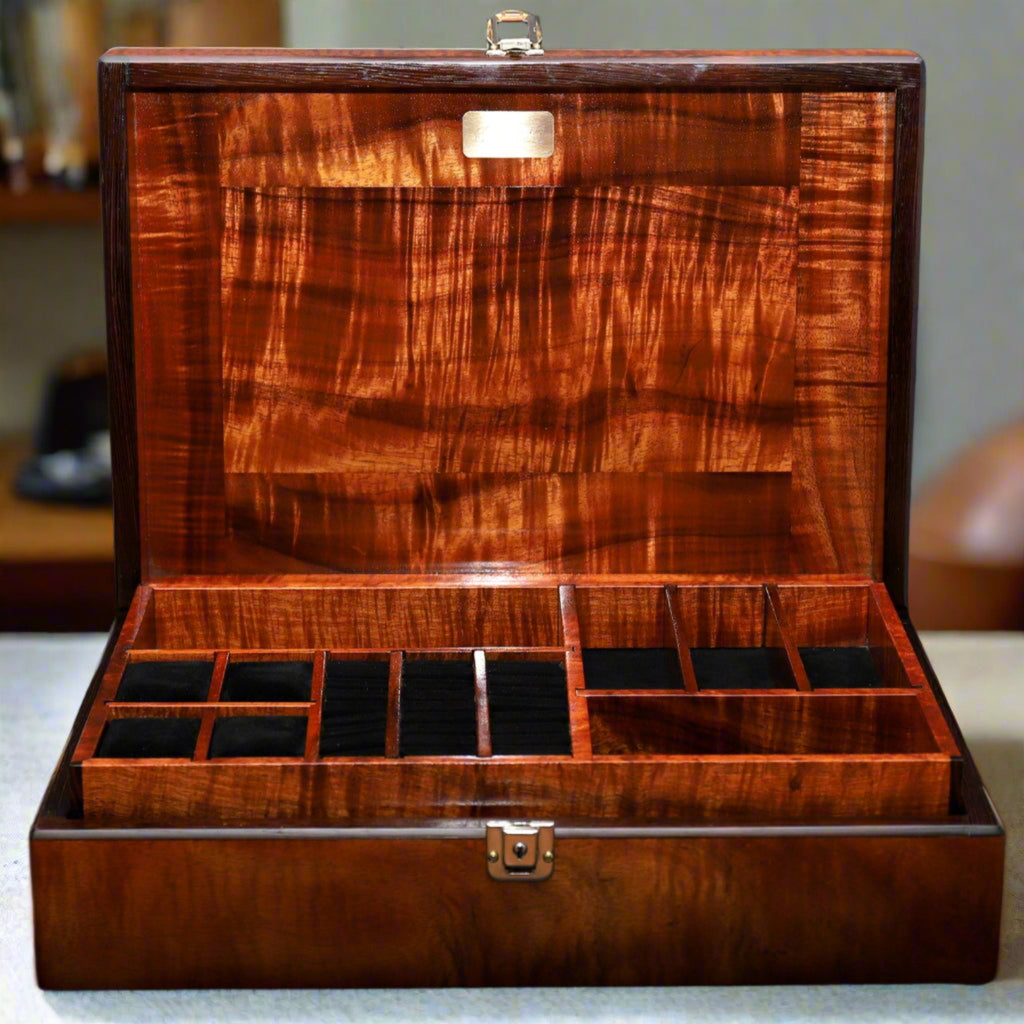 Jewelry Box Extra Large curly koa wood with 2 removable trays by SalterFineCutlery and custom woodworking
