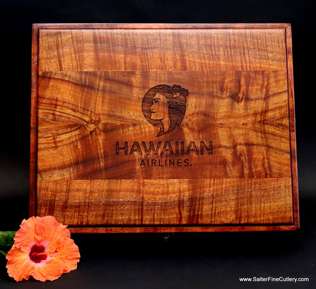 Corporate consignment keepsake box with logo Hawaiian curly koa woods by SalterFineCutlery custom woodworking