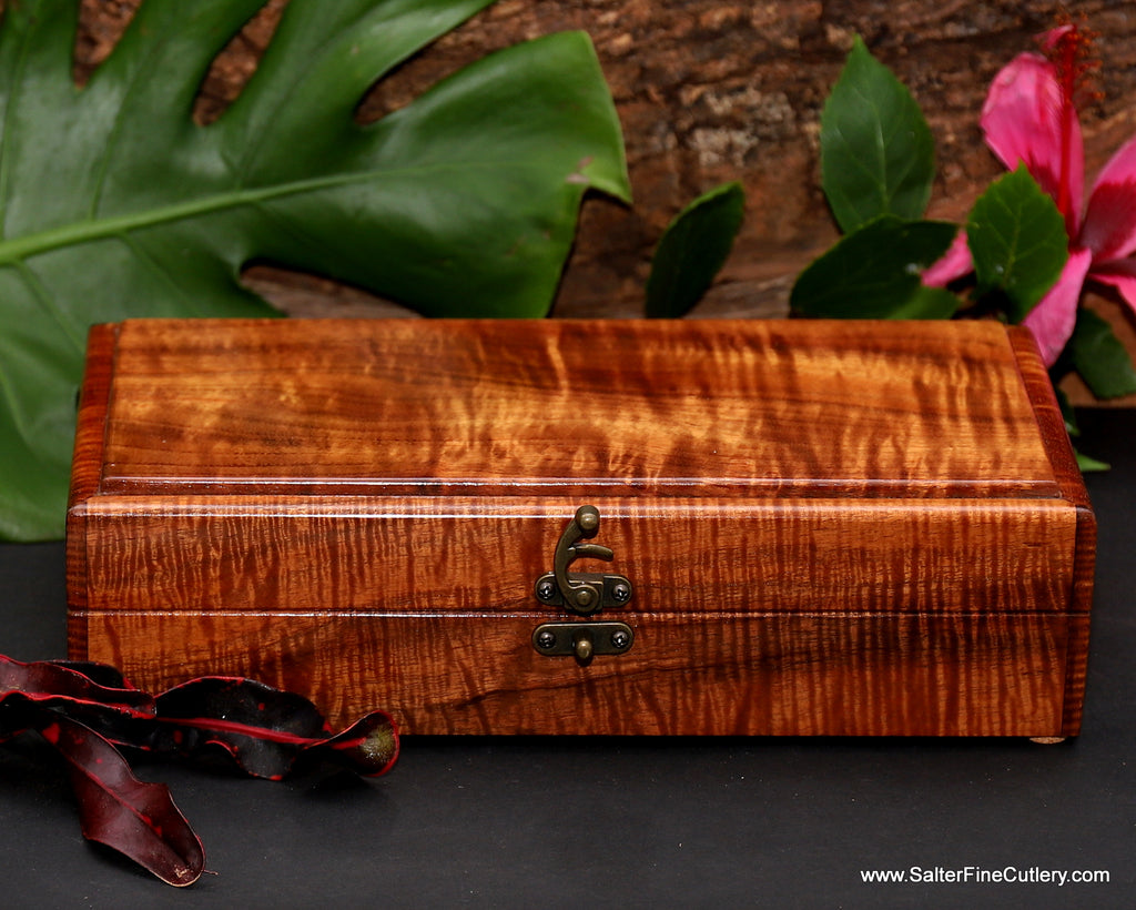 Keepsake box handcrafted from solid Hawaiian rare 5A curly koa wood by SalterFineCutlery and custom woodworking