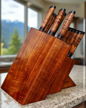 Knife block to hold 12-piece chef and steak knife combo set handcrafted from rare Hawaiian koa wood with blackwood and red trim accents by SalterFineCutlery
