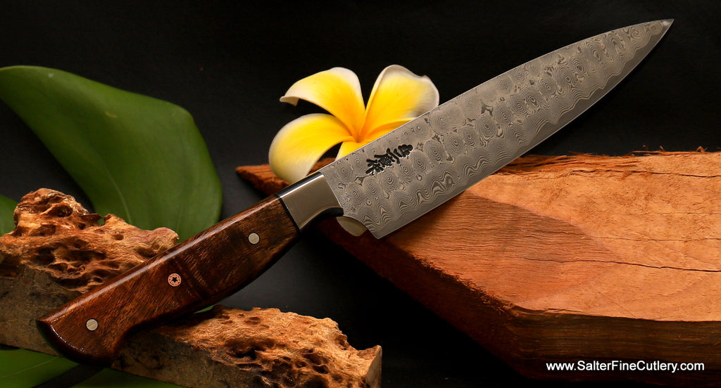 Charybdis series chef knives with full tang European style handles of rare woods by SalterFineCutlery of Hawaii