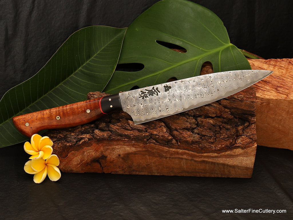 170mm chef knife with Charybdis whirlpool damascus pattern and curly koa wood handle from SalterFineCutlery