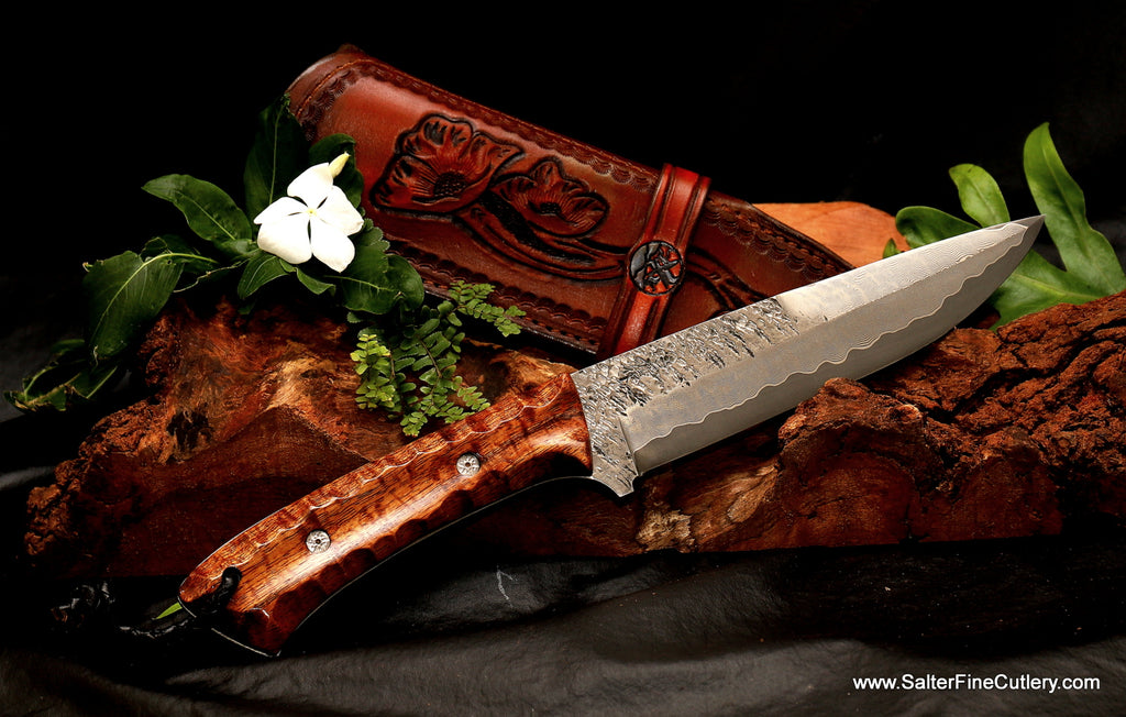 180mm collectible hunting knife with custom hand-tooled sheath and curly Hawaiian koa wood handle from SalterFineCutlery