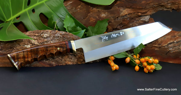 8-inch chef knife shirogami hand-forged carbon steel mirror polish collectible curly koa wood handle luxury chef knives by SalterFineCutlery