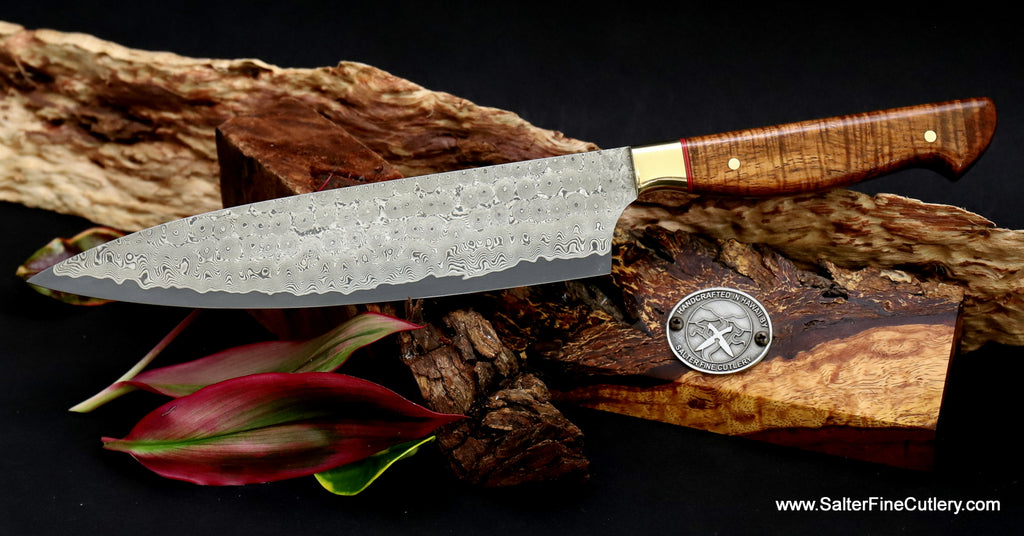 210mm chef knife Charybdis whirlpool damascus chef knife with contoured brass bolster and bold red accents by SalterFineCutlery