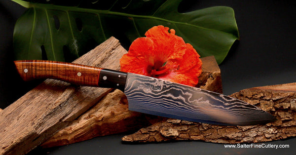 210mm chef knife hand-forged original design with curly koa and blackwood handle by SalterFineCutlery