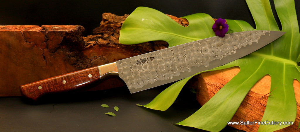 240mm "Charybdis-series" full tang chef knife with mokume damascus bolster by SalterFineCutlery of Hawaii