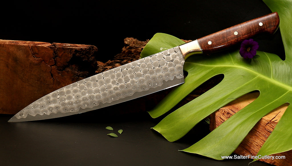 240mm whirlpool damascus pattern hand-forged chef knife with curly Hawaiian koa wood handle by SalterFineCutlery