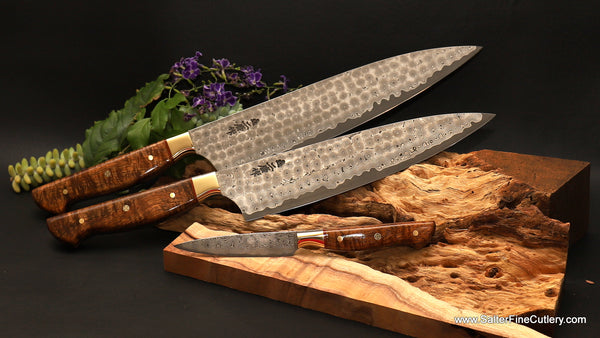 3-piece chef knife set whirlpool damascus hand-forged blades with custom handmade handles by SalterFineCutlery of Hawaii