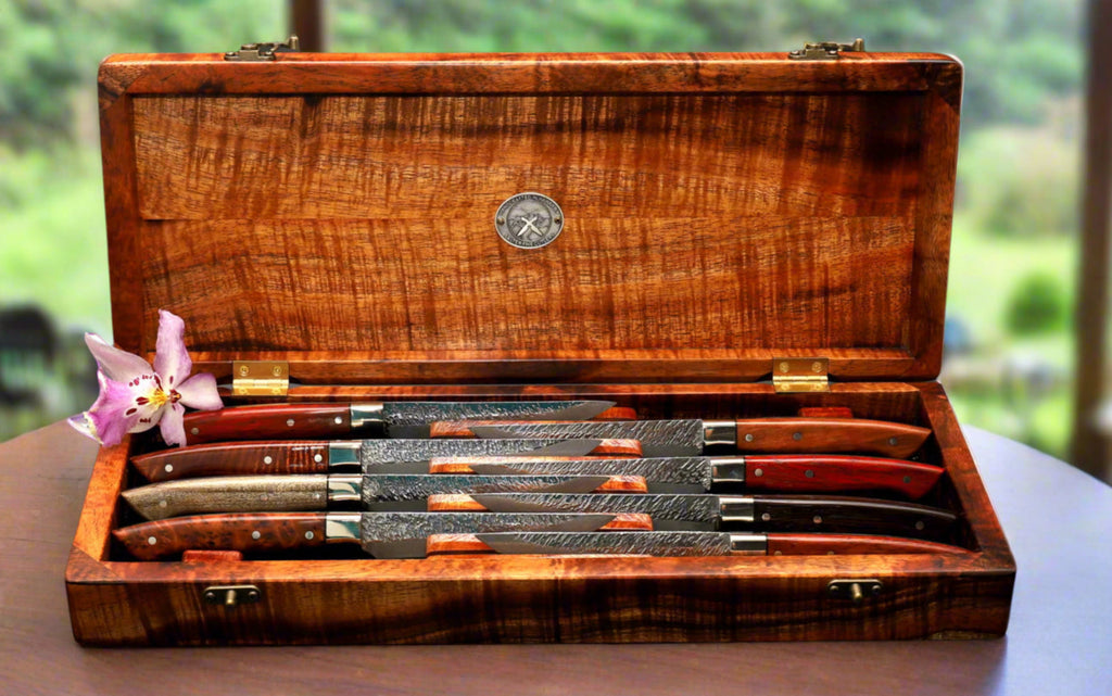 Presentation box curly koa wood for steak knife set staggered display handcrafted by SalterFineCutlery Hawaii