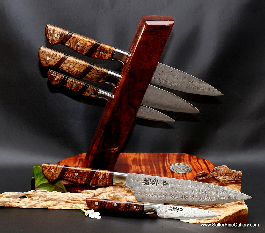 5-piece chef knife set with custom handles in modern tower stand by SalterFineCutlery