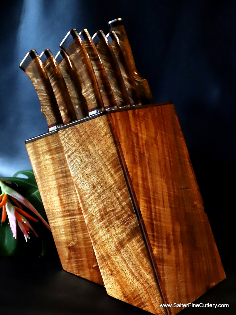 Chef knife set 9-pc in beautiful curly koa wood knife block storage luxury kitchen decor by SalterFineCutlery
