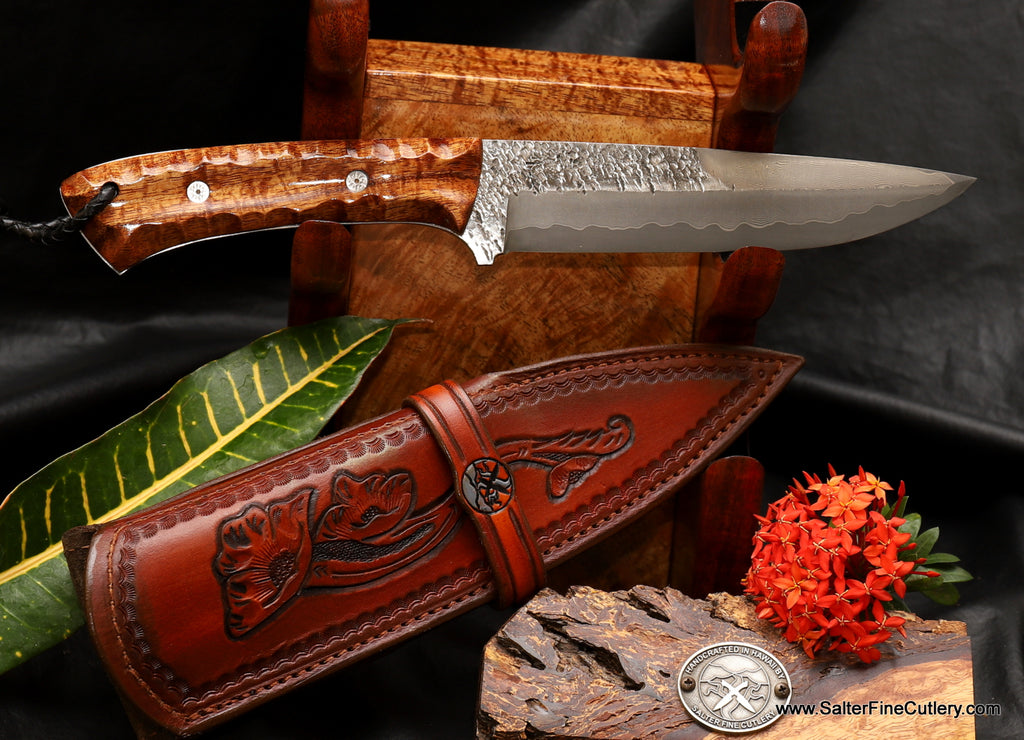 Custom handmade collectors knife with handmade sheath and multi-knife display stand by SalterFineCutlery