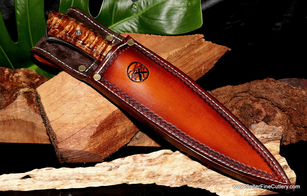 Hunting knife in custom belt sheath and beautiful koa wood handle handmade by SalterFineCutlery