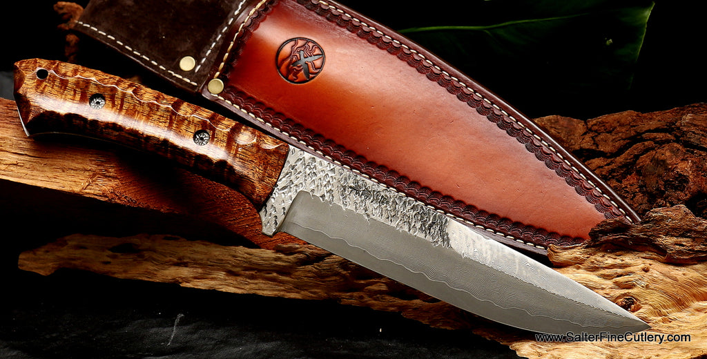 Hand-forged hunting knife with custom hammered and damascus pattern blade with curly Hawaiian koa wood handle by SalterFineCutlery included handmade leather sheath