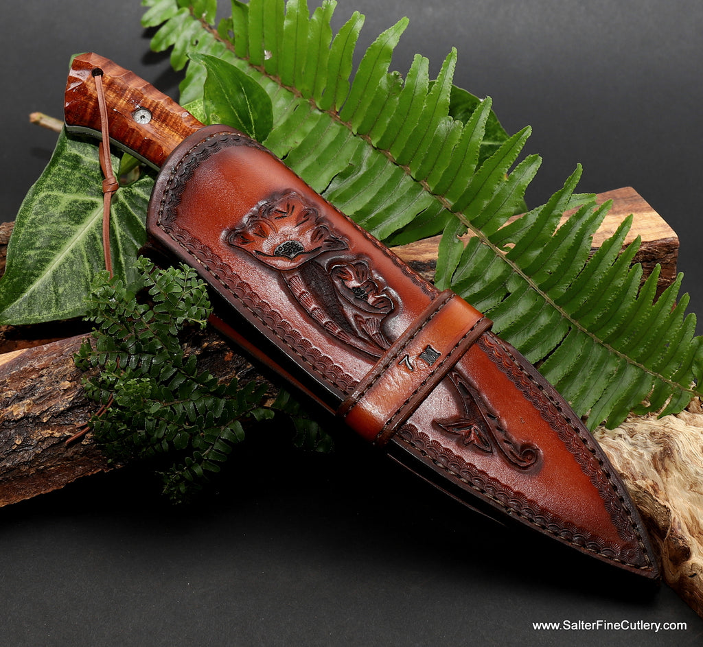 Hunting knife 180mm with curly koa wood scalloped handle in custom personalized sheath from SalterFineCutlery of Hawaii