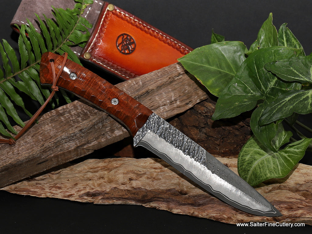 Hunting or collectible knife 180mm beveled hammered and damascus blade hand forged in Japan exclusively for SalterFineCutlery with scalloped handle and logo sheath