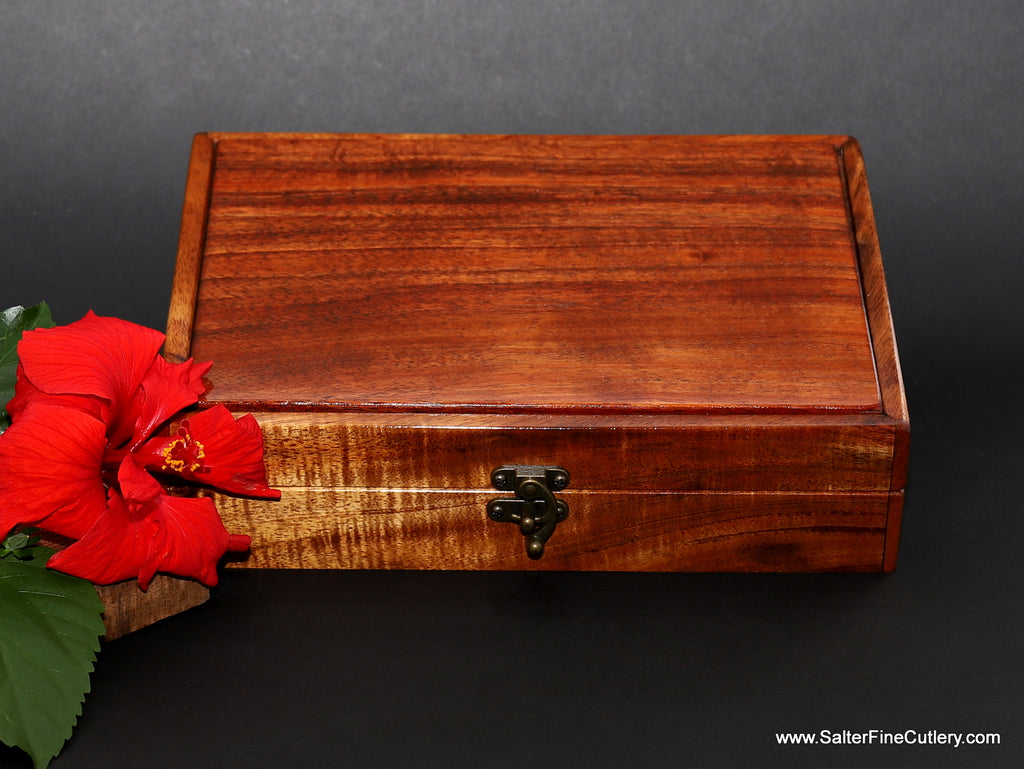 Custom curly Hawaiian exotic koa wood keepsake box to hold your own 8-piece steak knife set  custom handmade to order by SalterFineCutlery and Woodworking of Hawaii