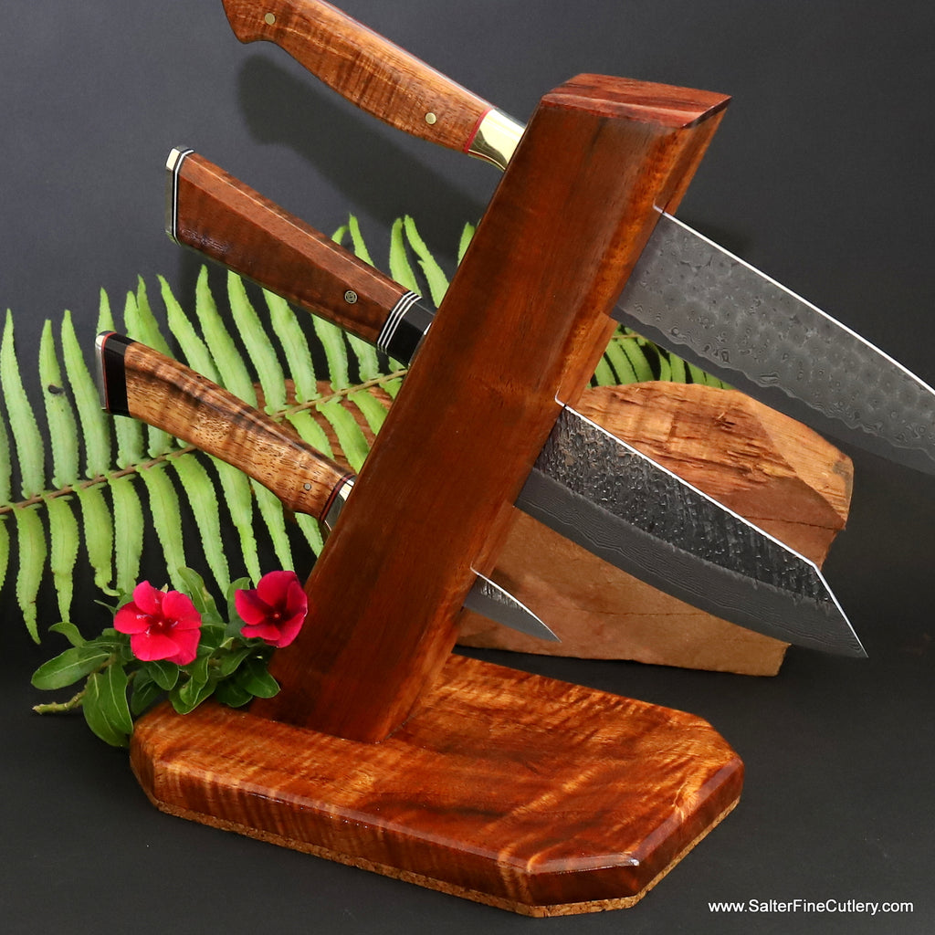 Handcrafted koa wood stand and unique made-to-order custom knife set by SalterFineCutlery