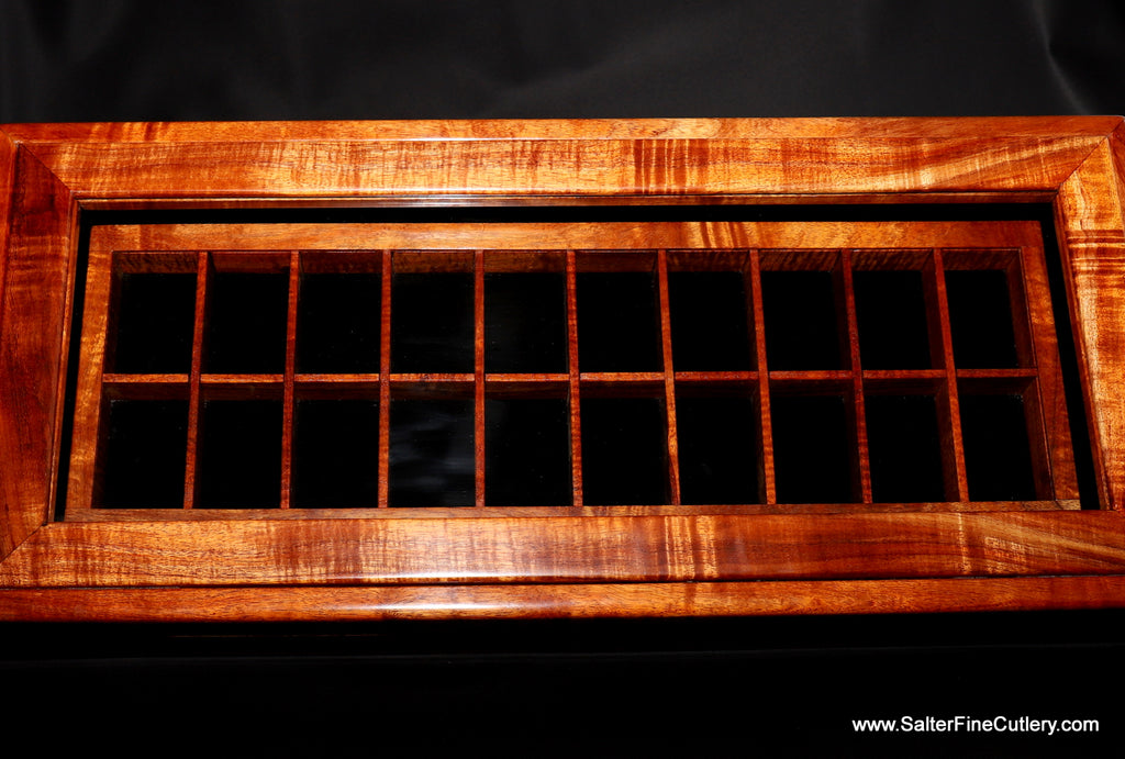 Watch display box showing watches visible from counter height handmade curly koa wood from SalterFineCutlery and custom woodworking awaii