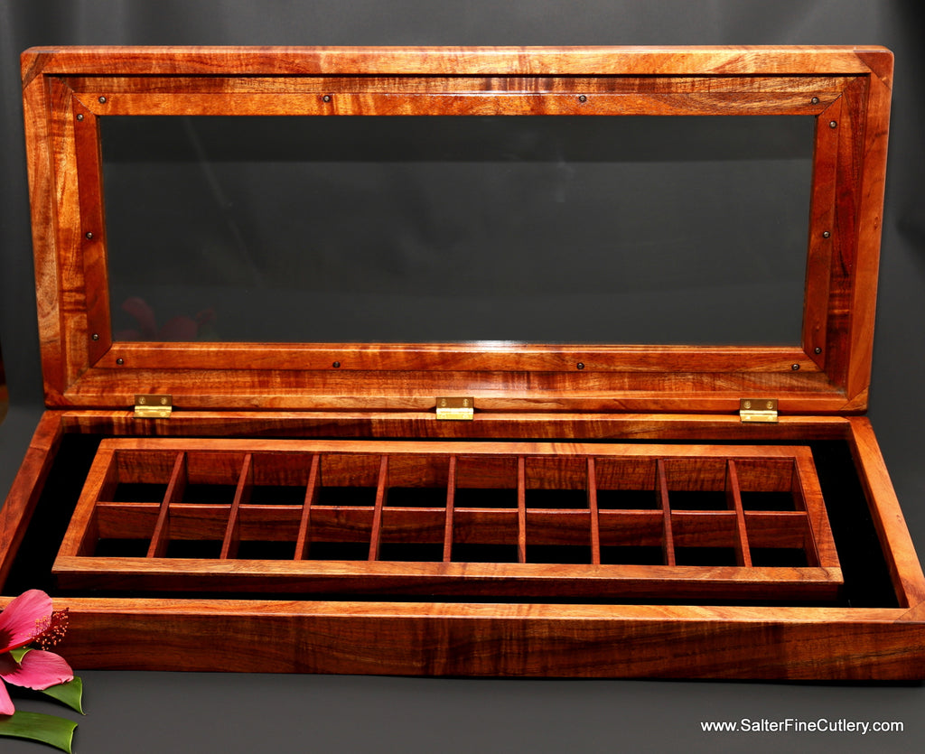 Custom open display box to hold client collection in removable tray handcrafted curly koa wood from SalterFineCutlery of Hawaii