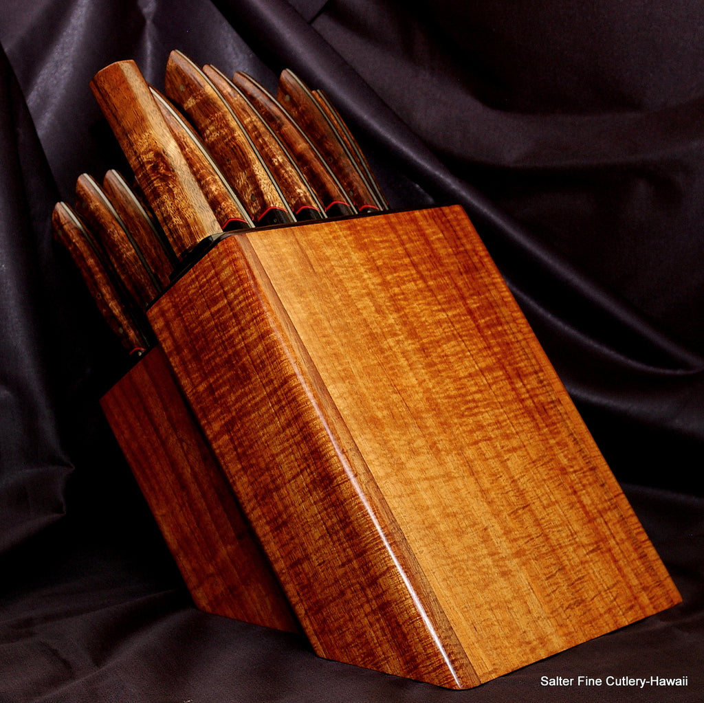 Custom combination chef and steak knife set in knife block by Gregg Salter of Salter Fine Cutlery