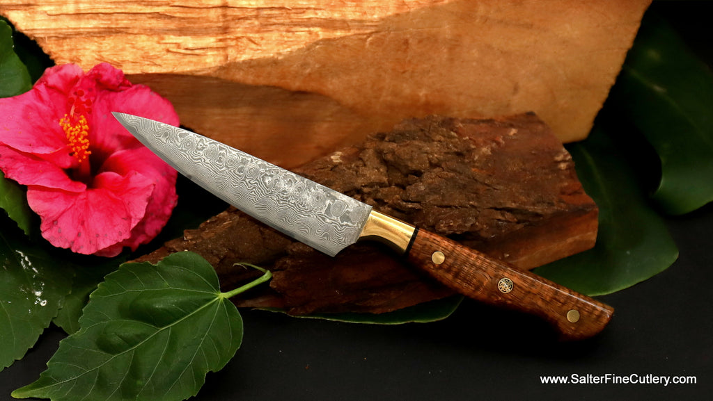 Paring knife hand-forged R2 Stainless whirlpool damascus with curly Hawaiian koa wood full-tang handle handcrafted from SalterFineCutlery luxury gifts for the kitchen