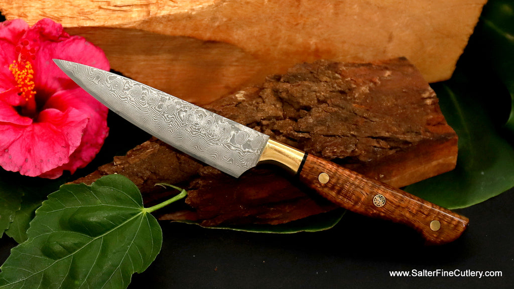 Luxury custom paring knife hand-forged and completely handcrafted with brass and koa wood handle by SalterFineCutlery