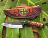 105mm collectible knife with black hammered finish plus mirror finish damascus near blade edge with custom handle and hand-tooled sheath from SalterFineCutlery