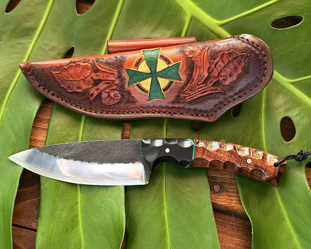 105mm collectible knife with black hammered finish plus mirror finish damascus near blade edge with custom handle and hand-tooled sheath from SalterFineCutlery