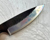 105mm collectible knife blade detail showing rough hammered black finish with mirror polish stainless steel damascus lines on bottom half of blade from SalterFineCutlery