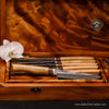 Set of twelve steak knives in a box with detail of one knife with two-toned wood freeform handle by SalterFineCutlery