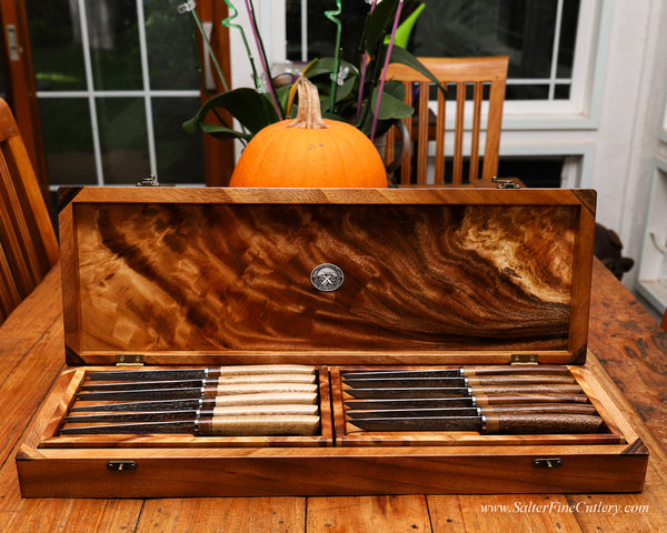 Custom steak knife set hand-forged with handcrafted handles and box by SalterFineCutlery luxury flatware