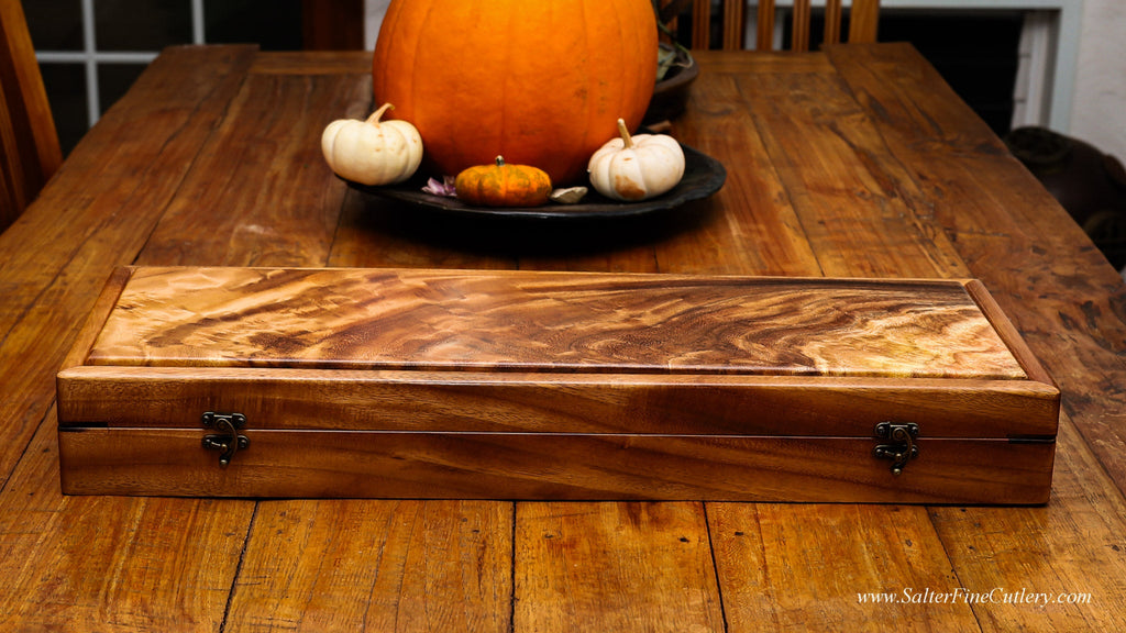 Presentation box to hold a set of twelve steak knives with same Monkey Pod wood handles handcrafted by SalterFineCutlery in Hawaii
