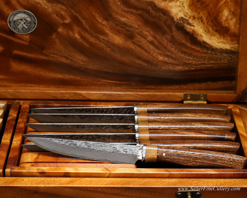 Steak knives individually handmade with R2 stainless steel blades and unique freeform handles of exotic Hawaiian woods by SalterFineCutlery