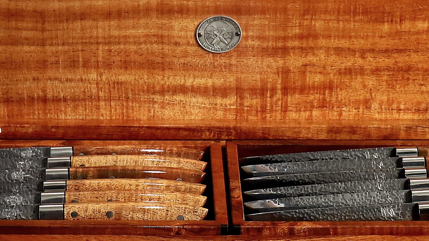 12-piece handmade steak knife set in open presentation box curly Hawaiian koa wood handles and matching box by SalterFineCutlery