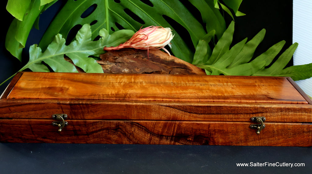 Presentation box curly koa wood to hold 12-piecce steak knife set by SalterFineCutlery