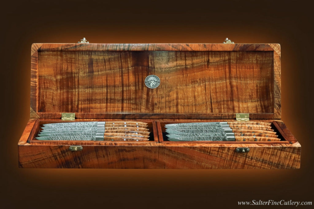 Custom large steak knife set in open box handcrafted luxury tableware by SalterFineCutlery