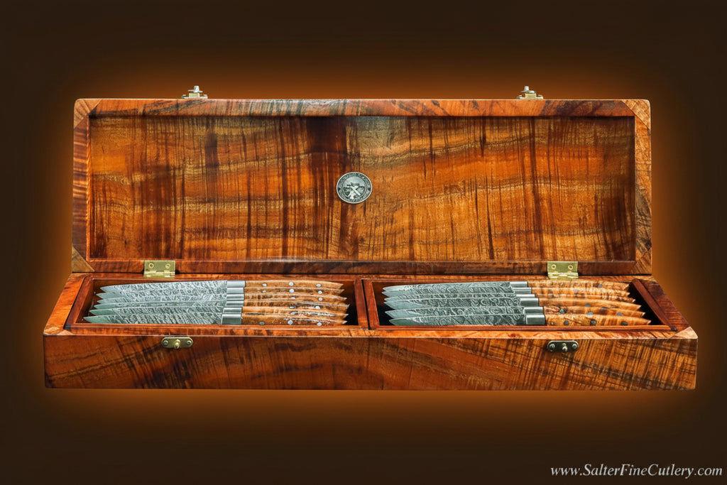 Custom large steak knife set in open box handcrafted luxury tableware by SalterFineCutlery