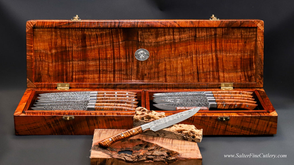 Beautiful luxury handcrafted steak knife set in open presentation box from SalterFineCutlery and custom woodworking