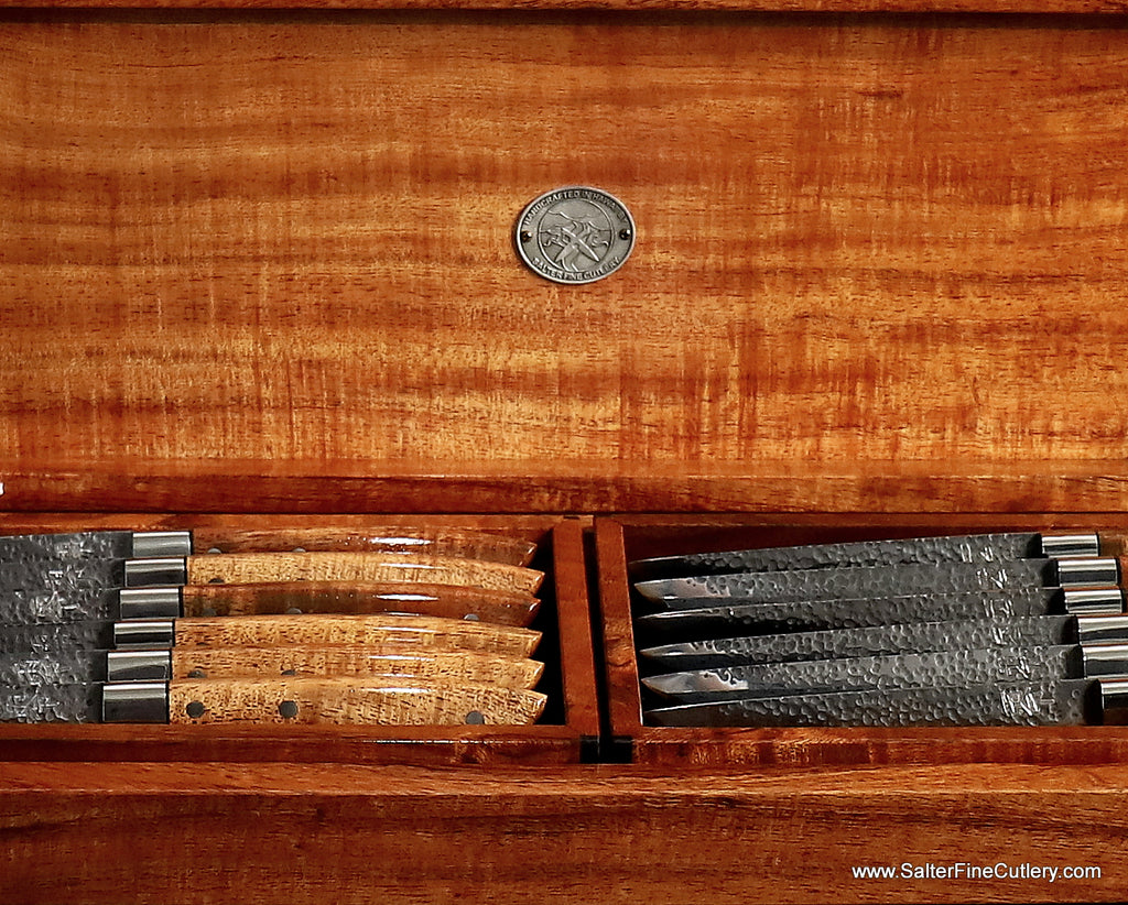 Beautiful handmade hammered stainless damascus steak knife set with Hawaiian koa wood handles and box by SalterFineCutlery custom  tableware
