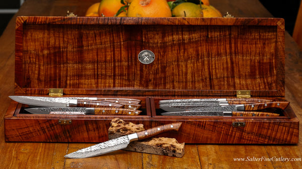 Twelve piece steak knife set evening lighting in handcrafted presentation box luxury custom tableware by SalterFineCutlery