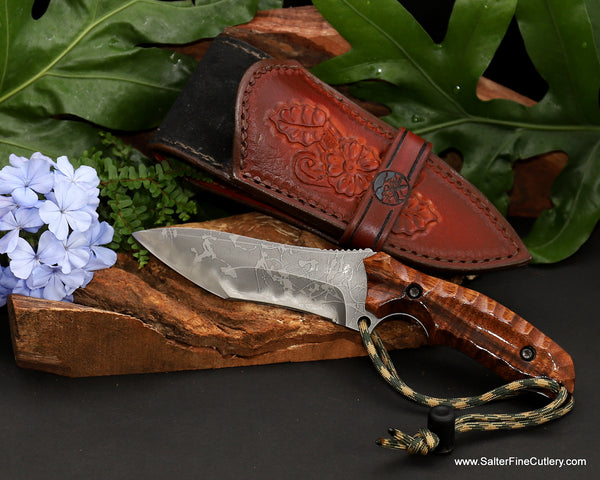 125mm hunting knife custom pigskin lined leather sheath Hawaiian koa handle  from SalterFineCutlery with handmade blade by Kiku Japan