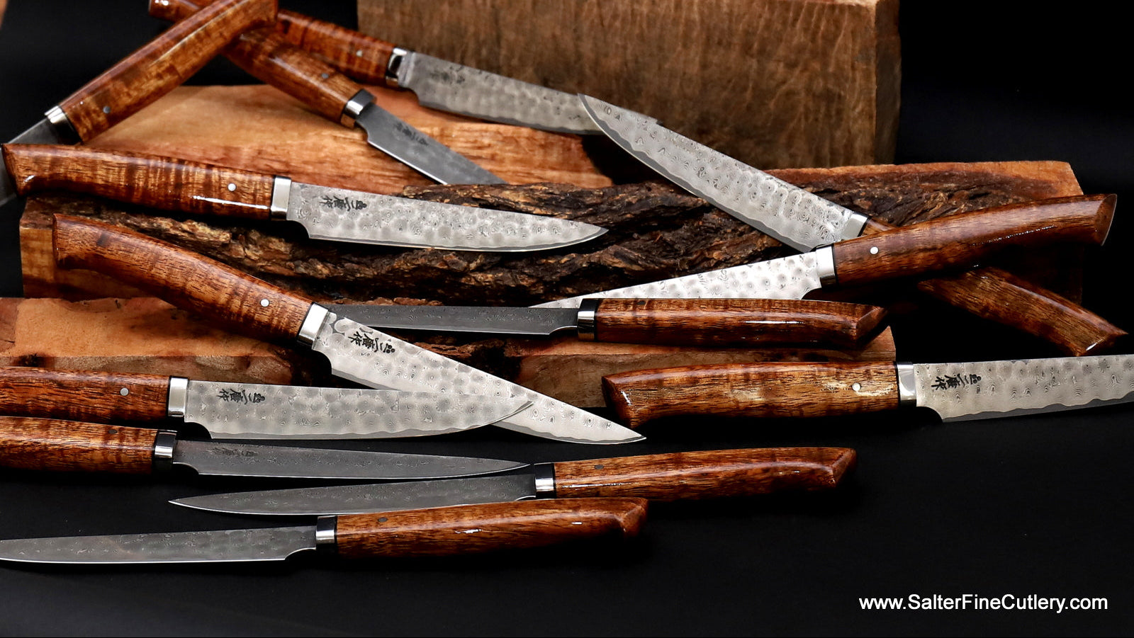 15-pc steak knife set handforged whirlpool damascus pattern with handcrafted curly koa wood handles by SalterFineCutlery